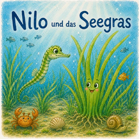 Titelbild des Mini-Buchs Nilo und das Seegras mit einem Seepferdchen und einer Seegraspflanze